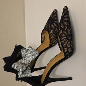 INC International Concepts Black Lace Heels with Silver Bow